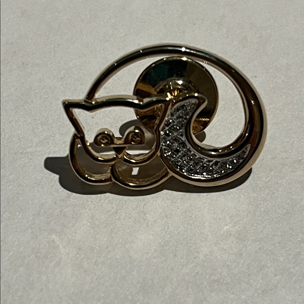 Gold Cat Brooch with Silver Accents